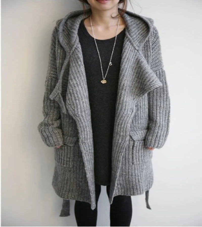 

Loose thick wool cardigan sweater 2019 autumn and winter thick section long hooded waist belt Sweater jacket