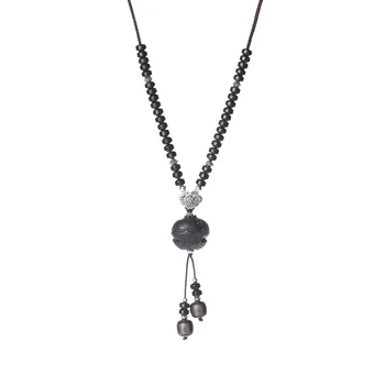 

S925 Silver Necklace Women's Long Wild Temperament Coconut Sweater Chain Ebony Hanging Chain Retro Pendant Gift for Girlfriend