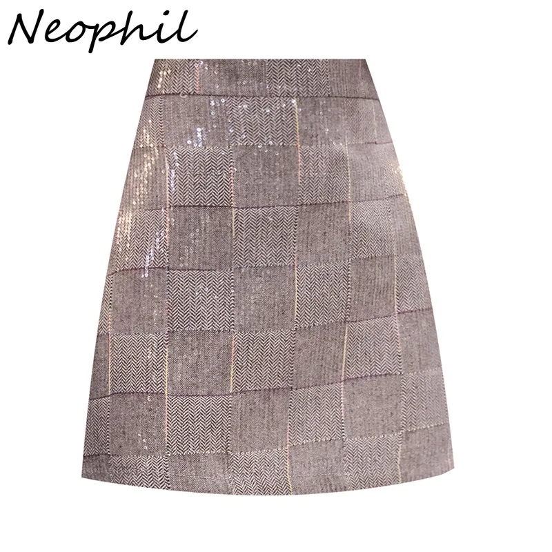 

Neophil Ladies Winter Fashion Plaid Sequined Mini Skirts Shinning Sexy Club Pencil Short Women Skirt Slim Wrap Femme Jupe S9117