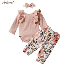 ARLONEET/одежда для малышей Розовый Детский комбинезон для девочек серые штаны с цветочным принтом+ повязка на голову, комплект одежды для малышей, вечерние комплекты из 3 предметов с длинными рукавами