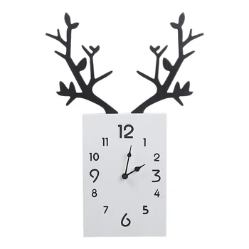 

Nordic Style Wooden Antlers Wall Clock Mute Rectangle Wall Clock for Home Living Room Bedroom Shop Window Wall Decoration