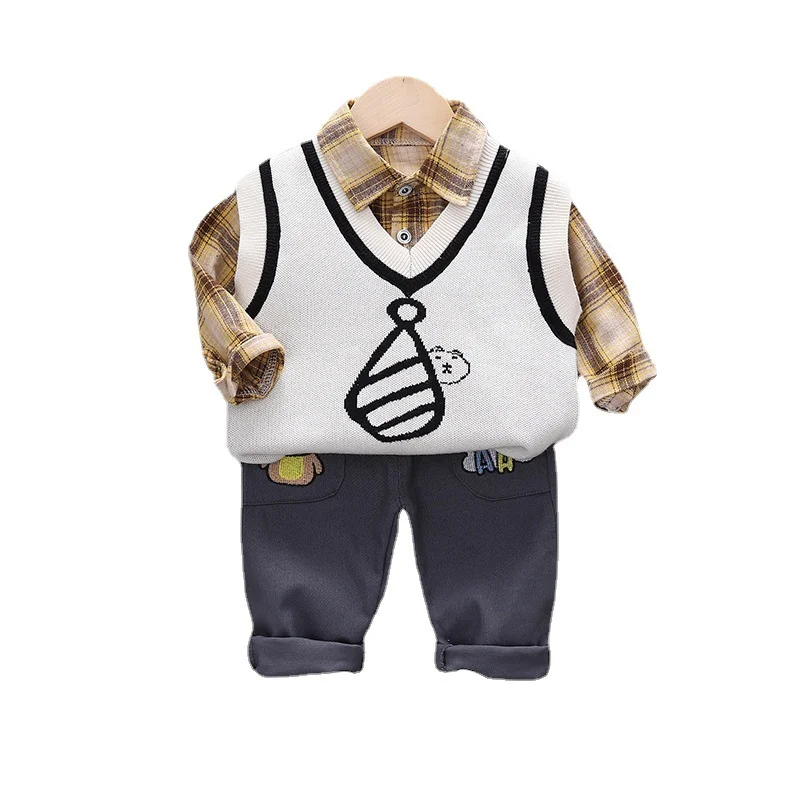 

New Children Fashion Vest Plaid Shirt Pants 3Pcs/Set Autumn Kids Boys Cartoon Clothes Suit Spring Baby Toddler Casual Sportswear