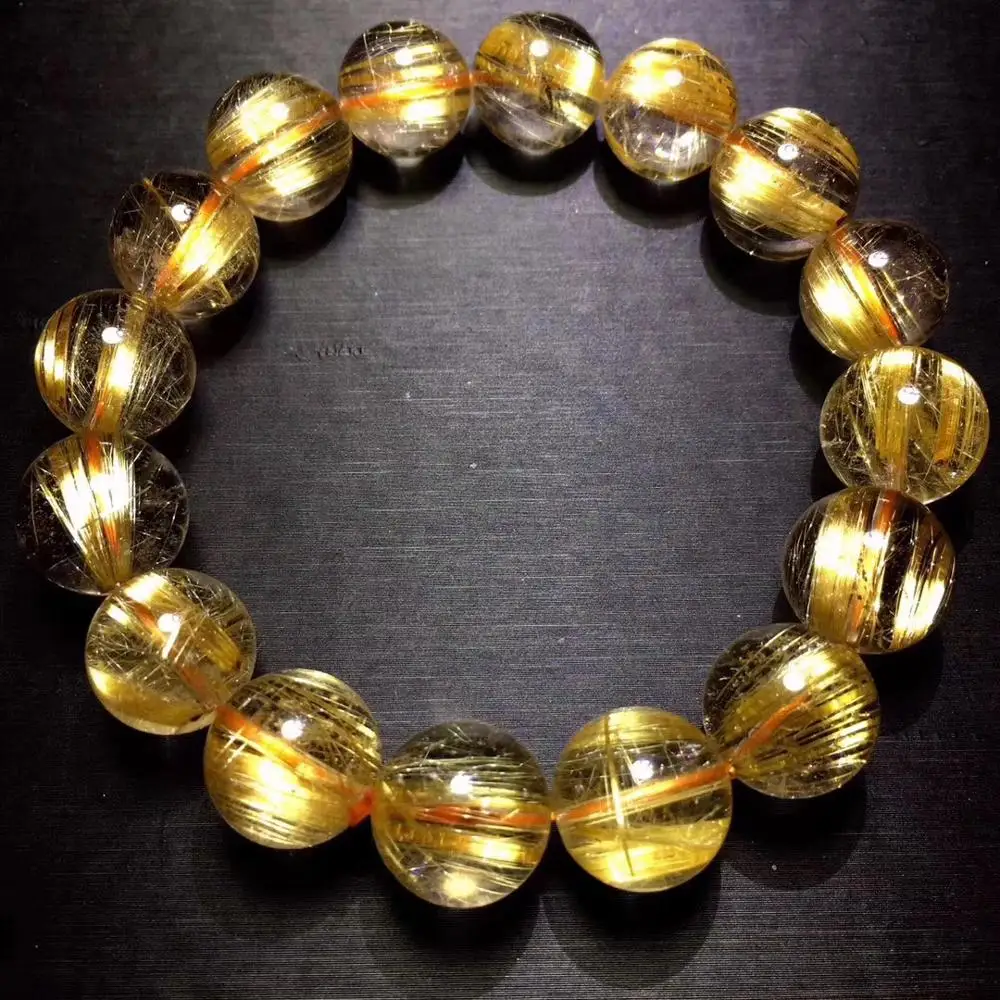

Top Quality 13mm Natural Brazil Gold Rutilated Bracelet For Woman Man Crystal Titanium Stretch Round Beads Stone Jewelry AAAAA