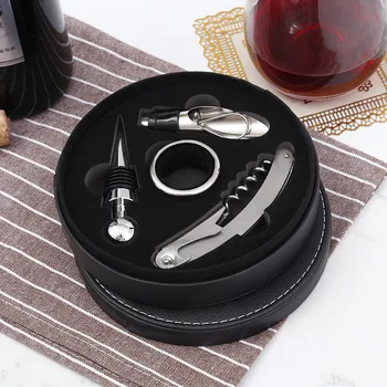 

4 Pieces Wine Bottle Opening Kit Gift Set With Round Leather Box Waiters Corkscrew Multifunction Kitchen Bar Tools Accessories