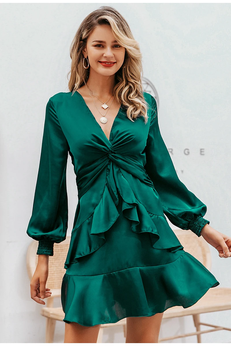 Simplee Sexy мини-платье с v-образным вырезом рукавами из шифона и зеленого цвета с оборками вечернee платье