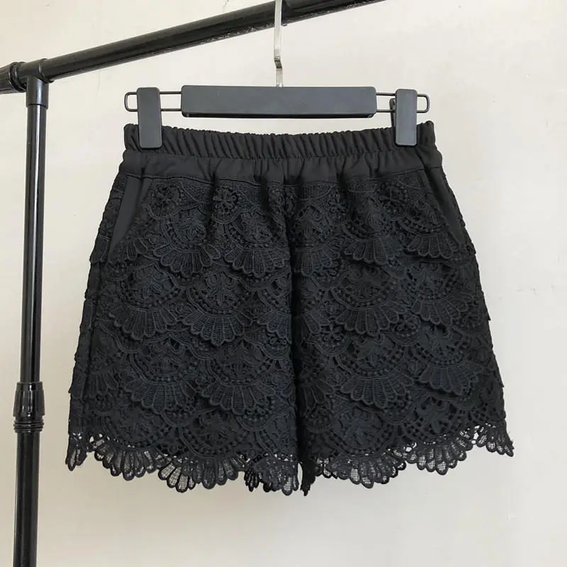 Black Shorts Кружевные женские шорты на весну и осень, шорты с высокой талией, эластичные шорты с широкими штанинами, черные/белые женские сексуальные шорты Q2248 - Цвет: Black Shorts