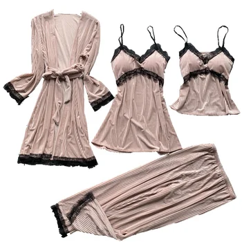 

Velvet Women's Sexy Pajamas in Autumn and Winter Four-piece Set Thickened Robe Home Furnishing with Chest Pad Nigown пижама