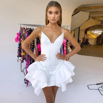 

2020 Bandage Dress Women Spaghetti Strap V-Neck White Ruffles Night Club Sexy Celebrity Party Bodycon Mini Dress Women Vestidos