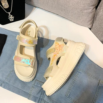 

2020 Thick Sole Flat Platform Sandals Open Toe Reflective Color Leather White Sandals Shoes Women