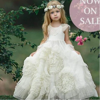 

White Cute Pleat Crystal Lace Tank Sleeve A-line Flower Girl Dresses Vintage O-neck Sleeveless Floor Length Communion Gown