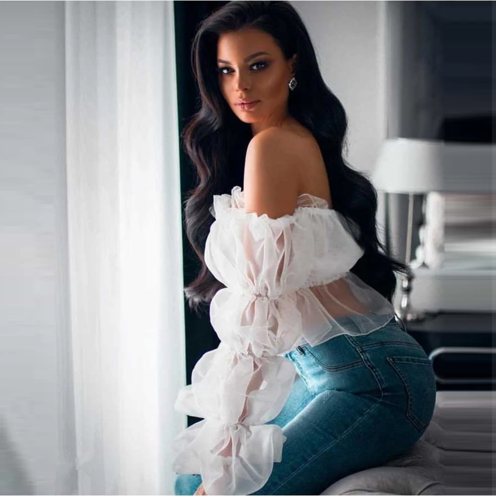 

Sexy Sheer Mesh Crop Tops Solid Summer Women Casual Slash Neck Lantern Long Sleeve Chiffon Crop Tops Blusas Fashion Streetwear