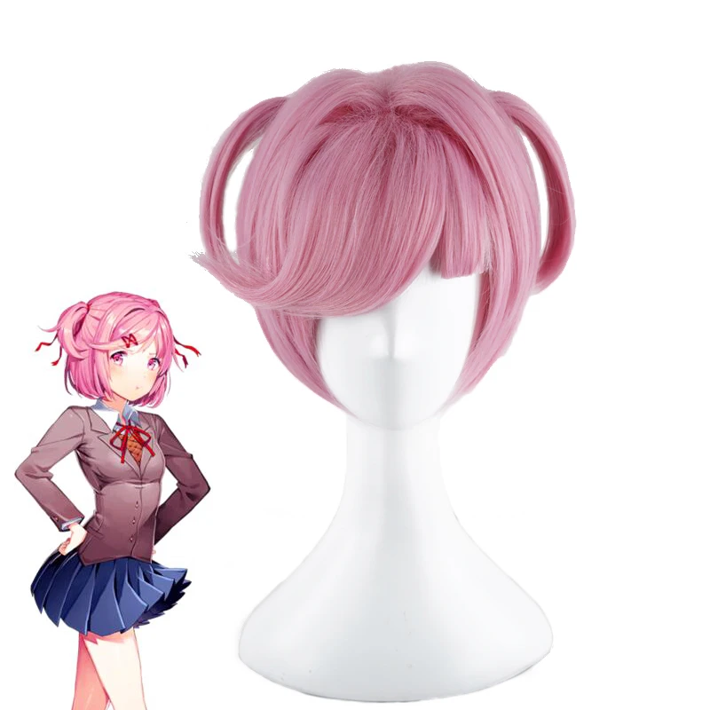 Game DDLC Doki Literature Club Natsuki Pink Short Wig Cosplay Costume Women Heat Resistant Synthetic Hair Party Wigs |