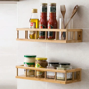 

1pcs Bamboo wall mounted shelf free punching kitchen spice Sundries organizer storage rack home decor wall shelf mx3261644