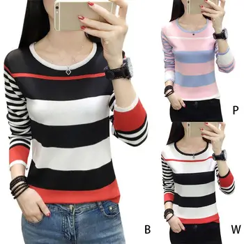 

2020 Autumn Spring Sweater Women Stripes Stitching Print Loose Long Sleeved Round Collar Casual Pullover Sweater jersey mujer