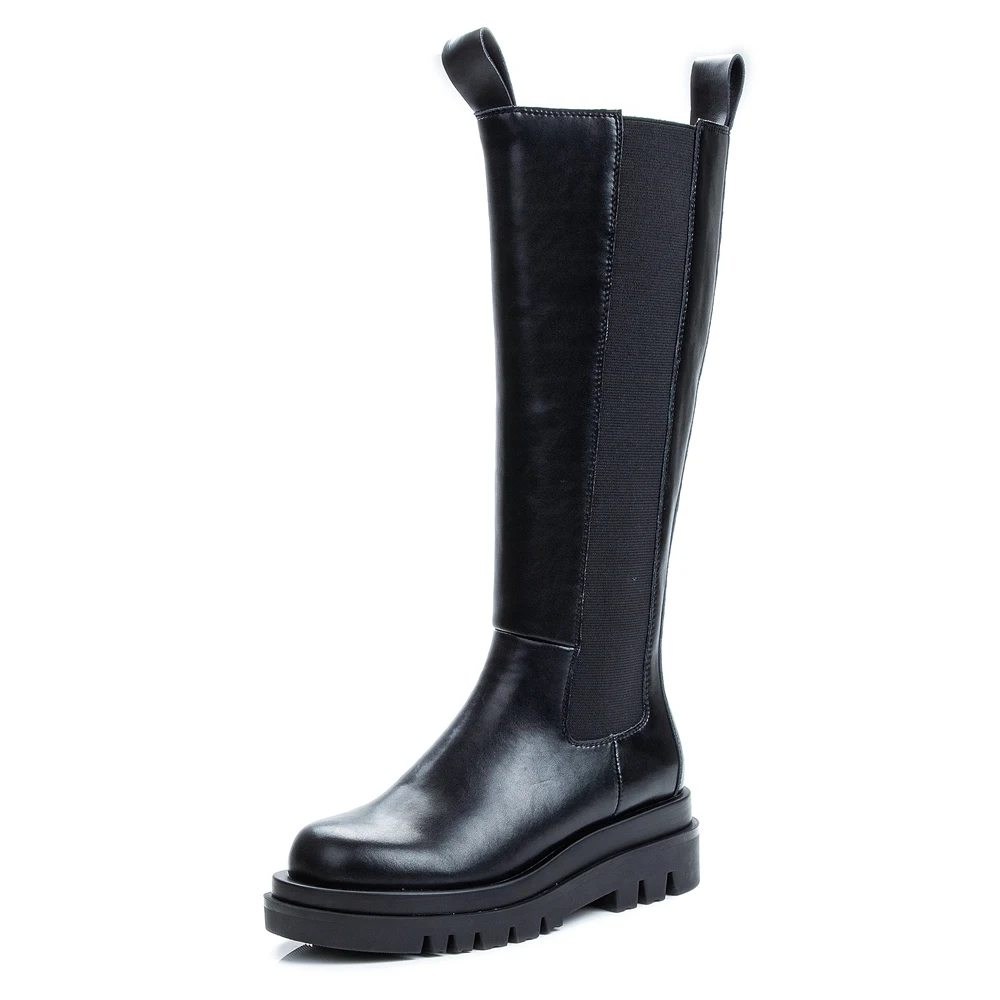 

Genuine Leather Flat Heel Thick-Soled Inner Heightened Knee-Length Boots British Style Waterproof Platform High-Top Chelsea Boot