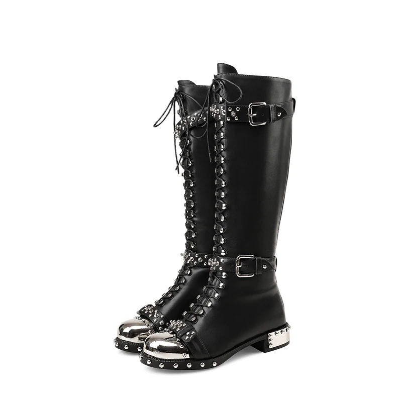 

Black Color Long Booties Metal Round Toe Knee High Boots Belt Buckle Decor Botas Leather Rivets Side Zipper Runway Star Shoe