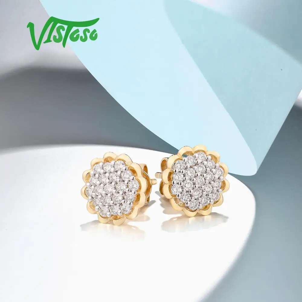 VISTOSO Gold Earrings For Women 14K 585 Yellow Gold Sparkling Diamond Dainty Sunflower Stud Earrings Fashion Trendy Fine Jewelry