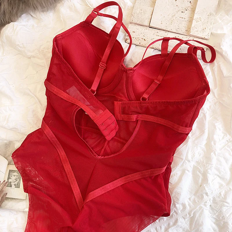 2021 New Hollow Out Sexy Bodysuit Jumpsuit Thicken Push Up Women Sexy Cross Underwe Deep-V Neck Ladies Fashion_voghion.com