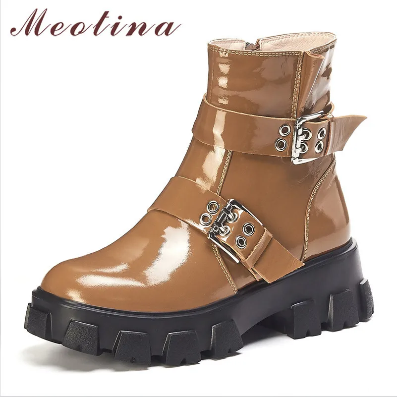 

Meotina Autumn Motorcycle Boots Women Natural Genuine Leather Zip Thick High Heel Ankle Boots Buckle Round Toe Shoes Lady Winter