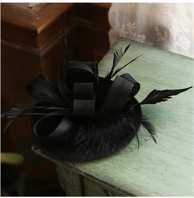 Новинка года; шелковая шляпа для обеда с бантом; Свадебный костюм шапочка; заколка для волос; шляпа с перьями и цветком