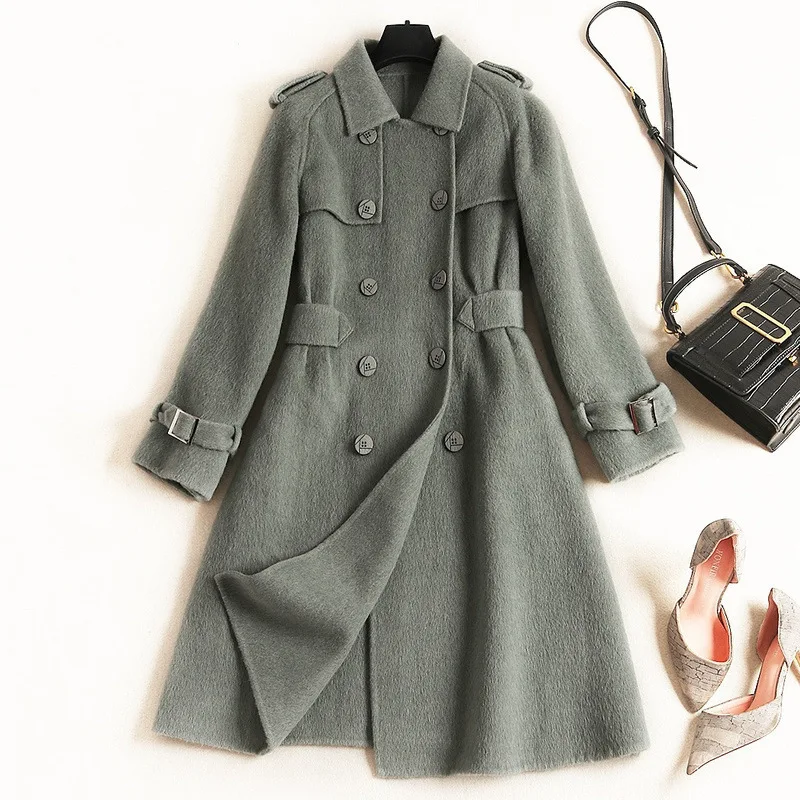 

Woman Natural Wool Coats Winter 2019 New Ladies Double-sided Cashmere Slim Long Jacket Alpaca Korean Double Breasted Coat