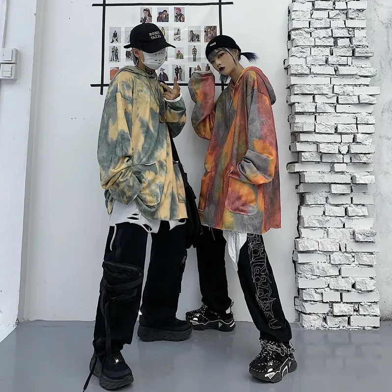 Негабаритных Harajuku уличная граффити галстук краситель контраст с капюшоном карман Толстовка пуловер Толстовка для женщин мужчин панк хип хоп тонкая футболка
