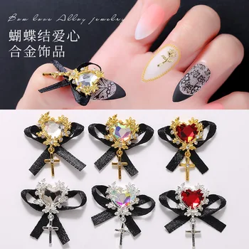 

5pcs Nail Art Alloy Bow Love Alloy Jewelry Cross Rhinestone 2Colors=White/Clear AB Nail Decoration Heart-Alloy With Black-Bow JE