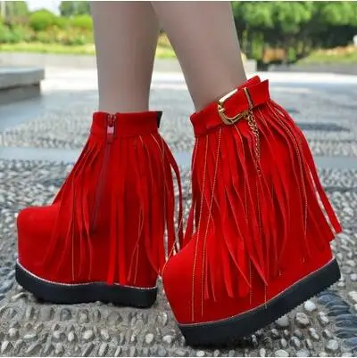 

16CM muffin bottom female shoes fringed slope with thick bottom women's boots increased snow boots tide