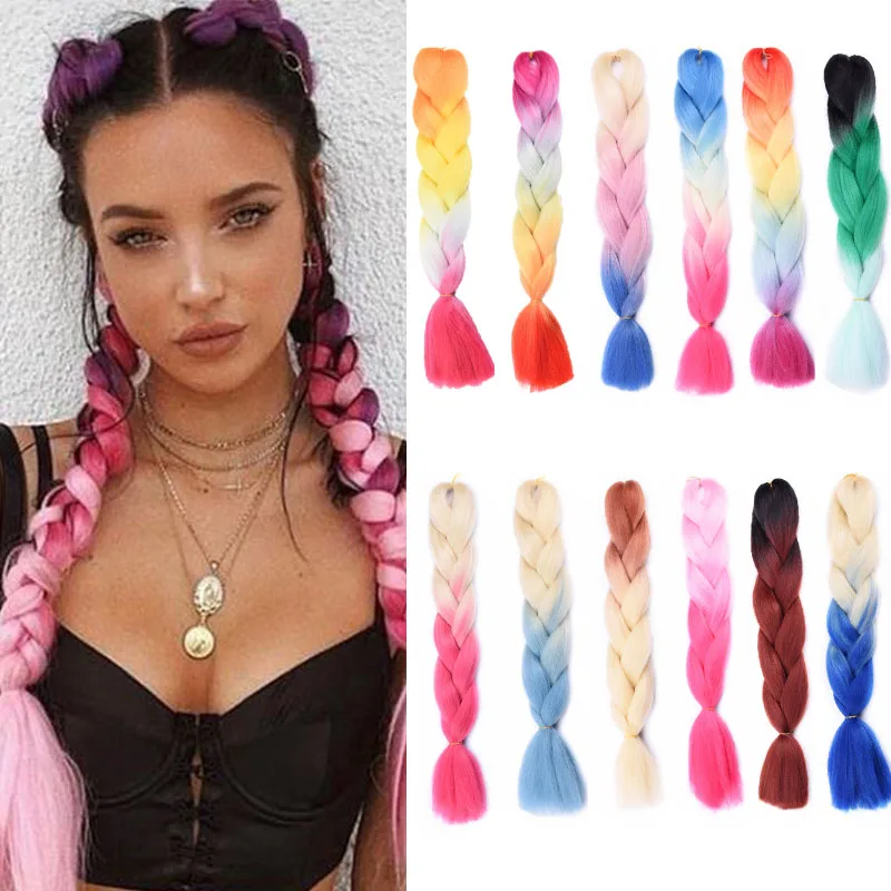 

24" Synthetic Hair Braids Ombre Jumbo Braiding Hair Extensions For Crochet Braids Kanekalon Colored Strands For Hair Msglamor