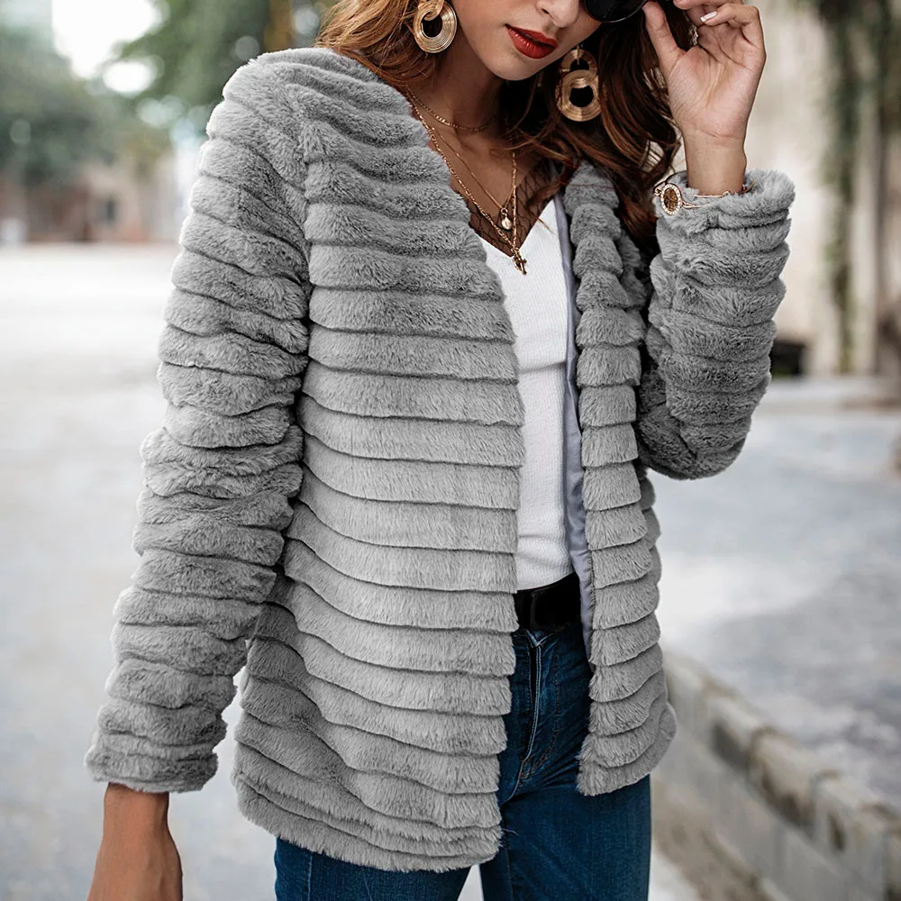 Стильные женские пальто из искусственного кроличьего меха с круглым вырезом, мягкие куртки из кроличьего меха в винтажном стиле с длинными рукавами, зимняя однотонная меховая верхняя одежда