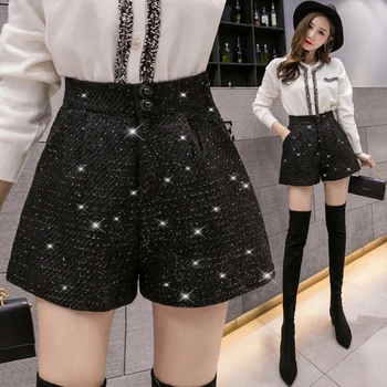 

HELIAR Women Sequined Shorts Women High Waist Street Black Shinning Short With Buttons Wide Leg Shorts For Women 2020 Summer