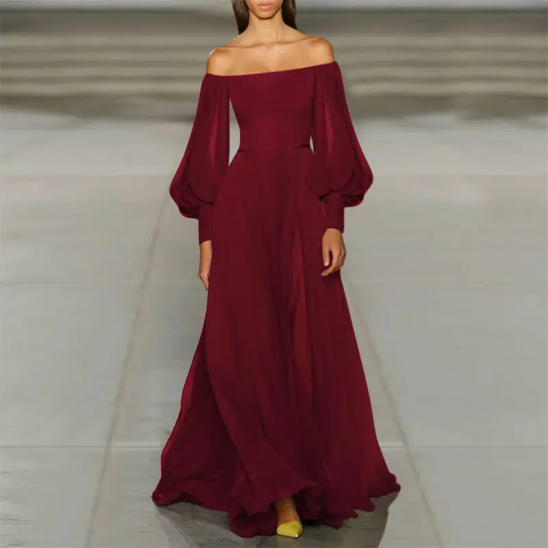 

Women's Formal Maxi Long Dress Evening Party Bridesmaid Prom Wedding Korean Style Lantern Sleeve Dress 2020 Fashion Simple Dress