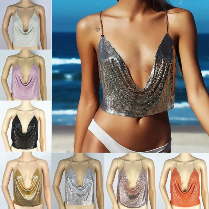 

Fashion Women Ladies Style Sexy Sling Bling Bling Sequin Metal Crop Tops Summer Casual Blouse Backless Bralette Body Bralet Vest