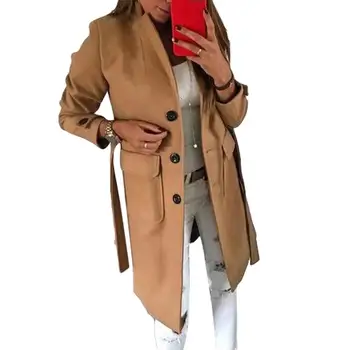 

Women Winter Single-breasted Lapel Collar Pockets Thickened Woolen Trench Coat