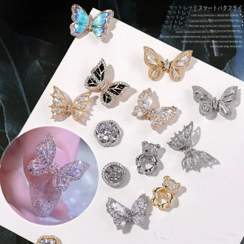 

3D Luxury Gold-Plated Color Butterfl Metal Zircon Nail Art Jewelry Japanese Decorations Top Quality Crystal Manicure 2pieces