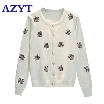 

AZYT 2020 New Cartoon Embroidery Knit Female Cardigan Autumn Loose Single-Breasted Women's Sweater Coat Soft V Neck Knitwear