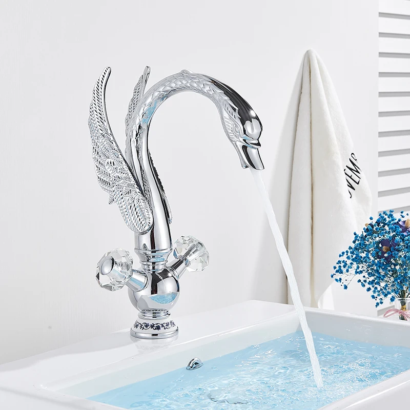 

Golden Swan Bathroom Basin Faucet Hot and Cold Water Mixer Tap With Double Crystal Handle Copper Black Swan Faucet