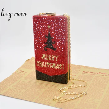 

Christmas Tree Pattern Diamonds Evening Clutch Bags for Women Small Square Rhinestones Red Party Clutch Purse and Handbag ZD1937