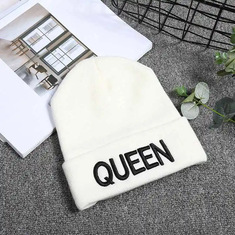 White-Queen Модная шапка с вышитым капюшоном и надписью «King queen», вязаная шапка для пары на День святого Валентина, уличная вязаная шапка, Трендовая шапка - Цвет: White-Queen