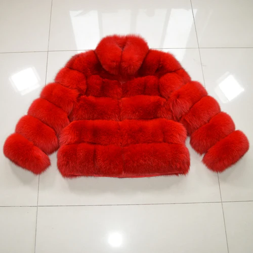 red Женское зимнее плотное пальто из натурального Лисьего меха, вечерние куртки из натурального Лисьего меха, женские высококачественные пальто с воротником-стойкой из натурального Лисьего меха - Цвет: red