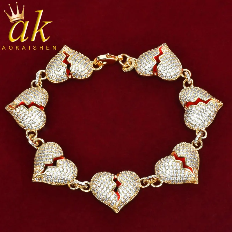 

Iced Out Broken Heart Bracelet Chain Gold Color Bling Bling Cubic Zircon Men's Women Hip hop Jewelry For Love Gift