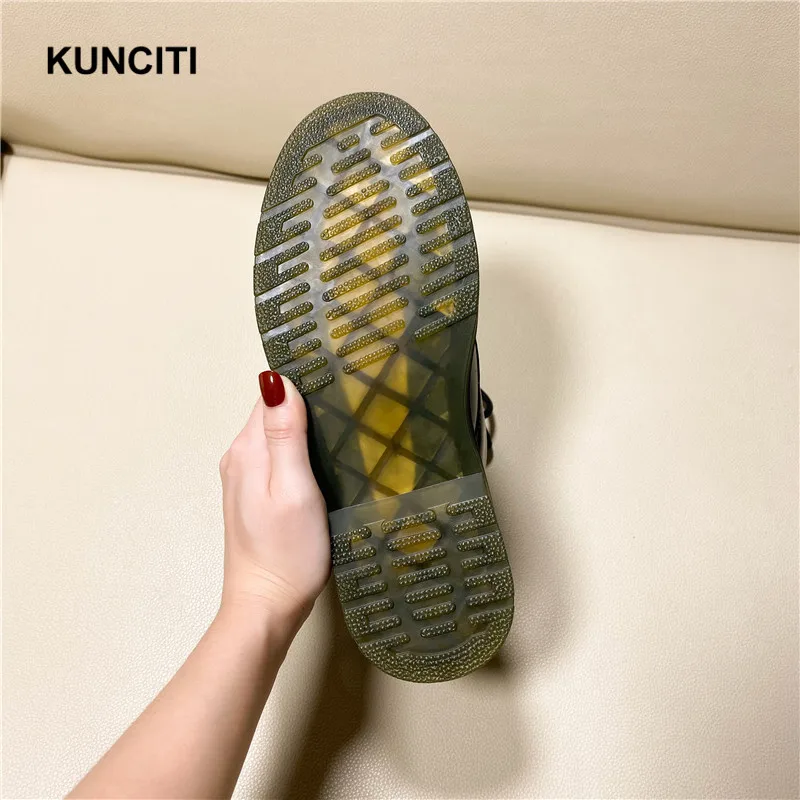 KUNCITI/ г., зимние сапоги на натуральном меху женская зимняя обувь черного цвета из натуральной кожи на шнуровке высококачественные ботильоны новинка, D9309