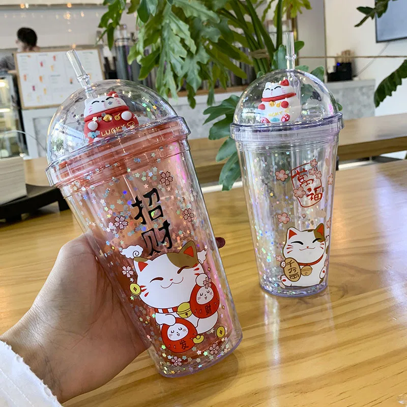 Blueyed Cup Cartoon Straw Cup Outdoor Sports Double Plastic Cup