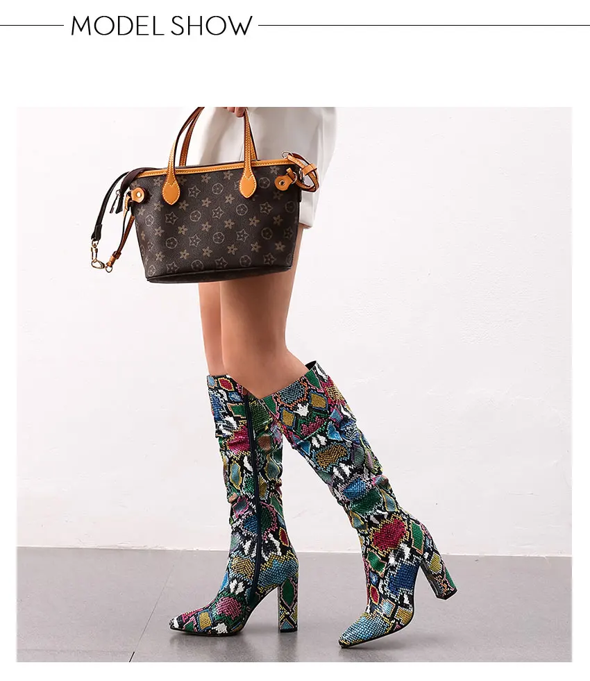 ISNOM/красочная змея кожаные сапоги женские сапоги на высоком каблуке обувь на молнии с острым носком женская обувь для вечеринок с принтом Женская Осенняя обувь