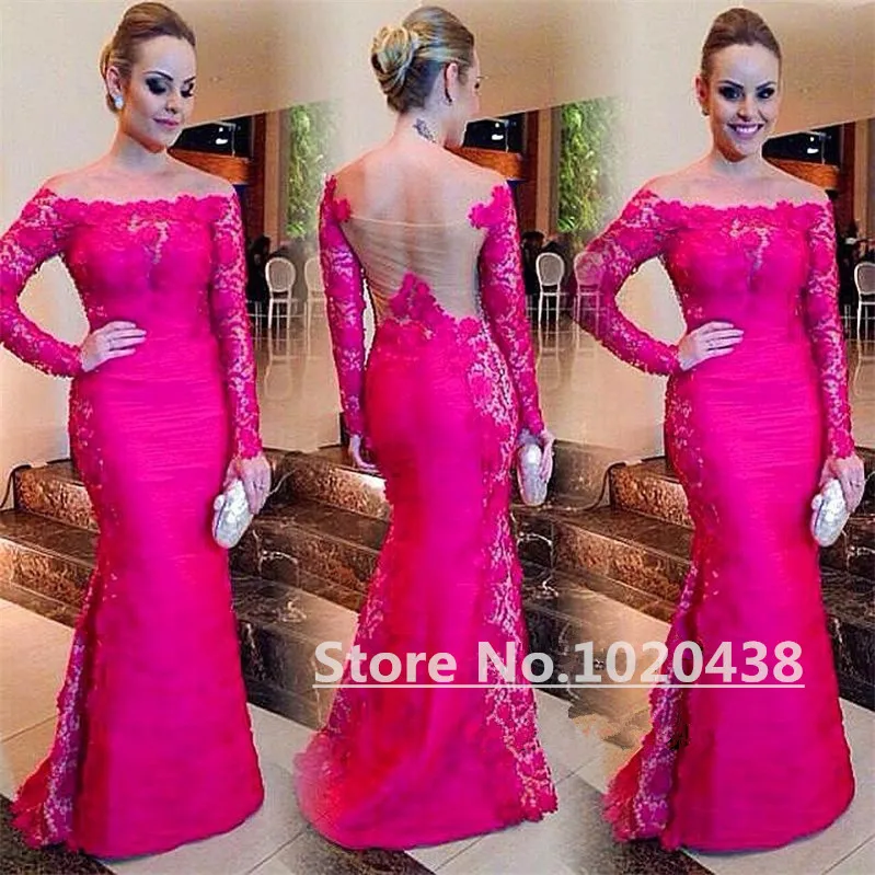 

Fuchsia Evening Long Sleeve See Through And Lace Mermaid Long Prom gown 2018 Off The Shoulder mother of the bride dresses