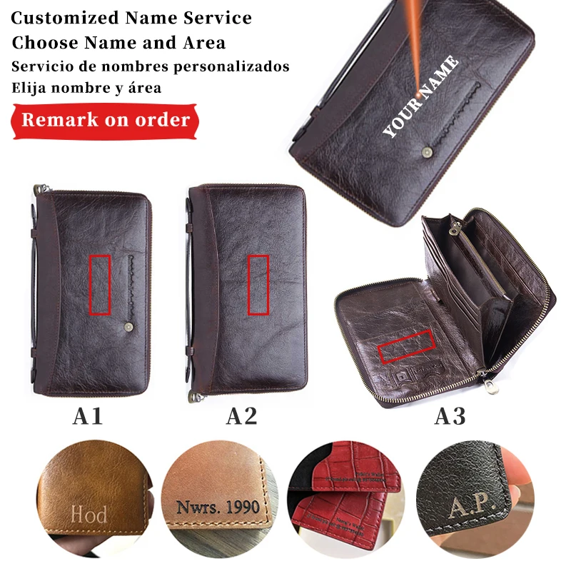 

Coin Pocket Custom Name Wallets Genuine Cowhide Leather Men Fashion Passport Wallet Zipper Purses With Phone Bags Card Holder