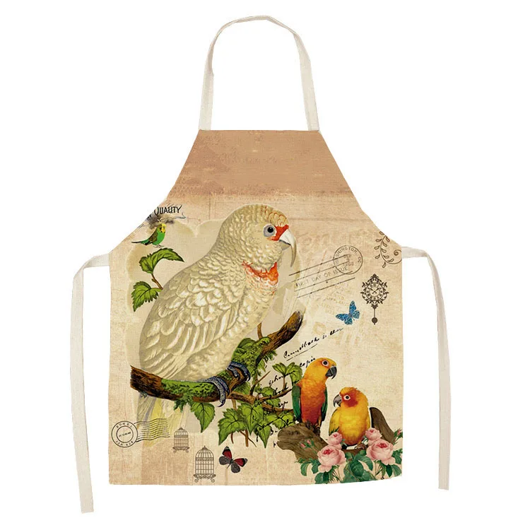 1Pcs Kitchen Cooking Apron Beautiful Flowers Bird Printed Home Sleeveless Cotton Linen Aprons for Men Women Baking Accessories