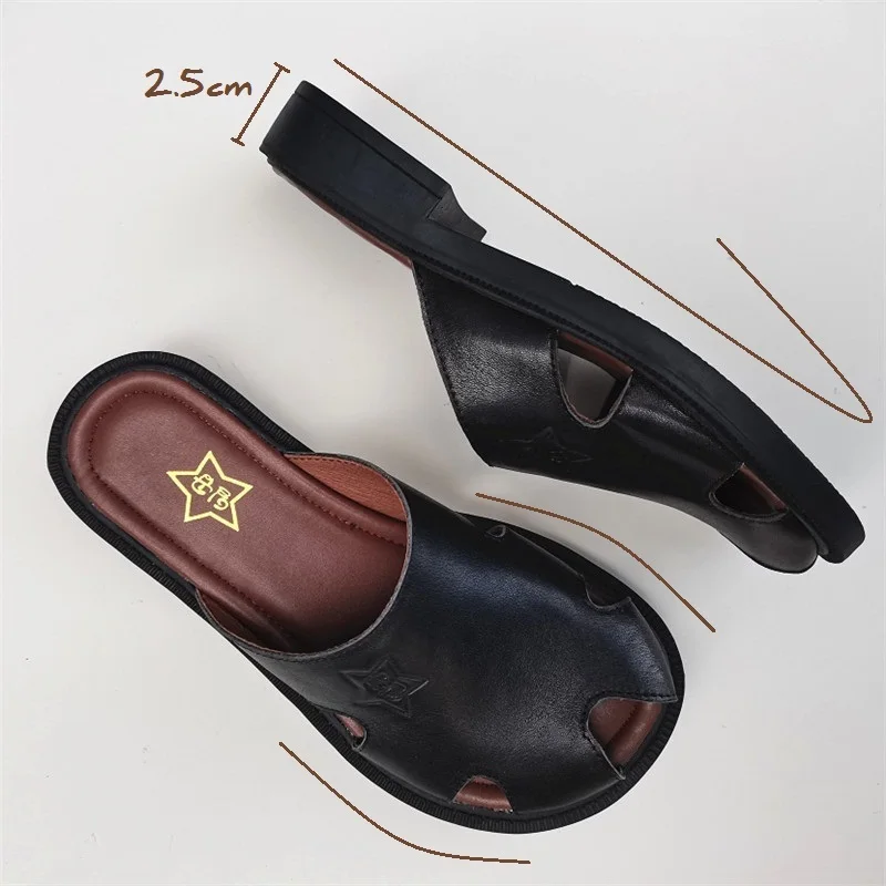 Careaymade-Genuine Leather big shoes wide version sandals women's  pure original leather single soft sole turtle Baotou slippers