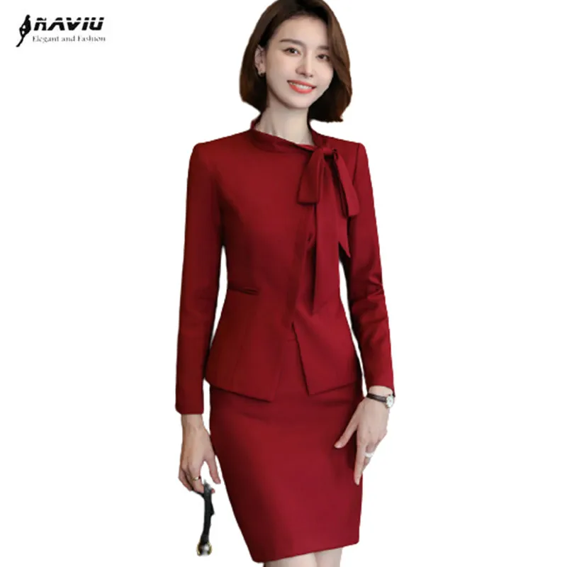 Red Suits Women High End New Business Fashion Temperament Bow Design Long  Sleeve Formal Blazer And Skirt Office Ladies Work Wear