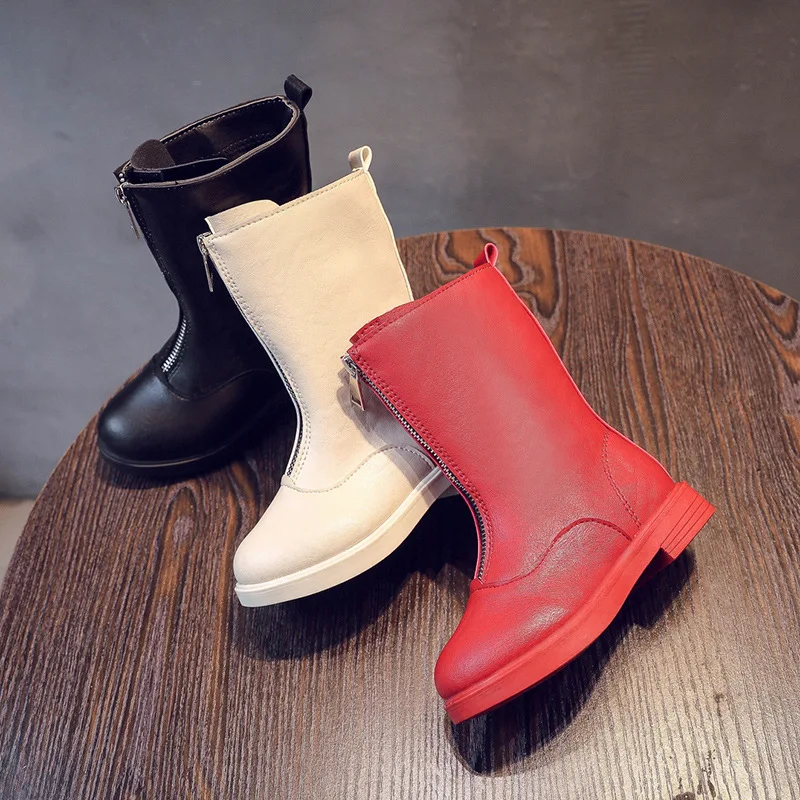 Зимние красные ботинки для девочек; детская обувь; детские зимние ботинки на молнии спереди; мягкая кожа; плюш; bota menina; теплый рождественский подарок